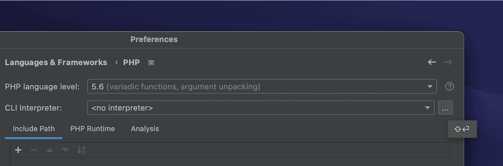 Sayfa bağlantısını gösteren kısmi bir PhpStorm Tercihleri ekranı (