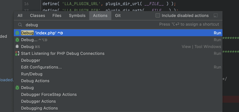Eylem Bul ekranını gösteren PhpStorm arayüzü. Tümü, Sınıflar, Dosyalar, Semboller, Eylemler ve Git için çeşitli arama filtreleri vardır. Arama terimi