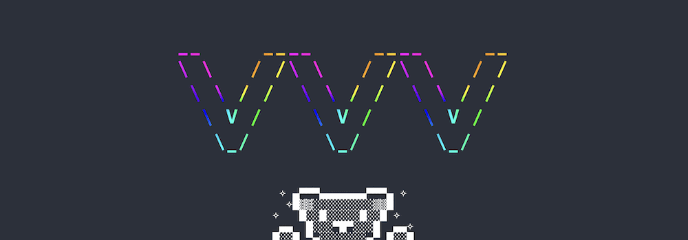 Varying Vagrant Vagrants logosunun 8 bitlik ASCII resmini içeren mavi bir arka plan (