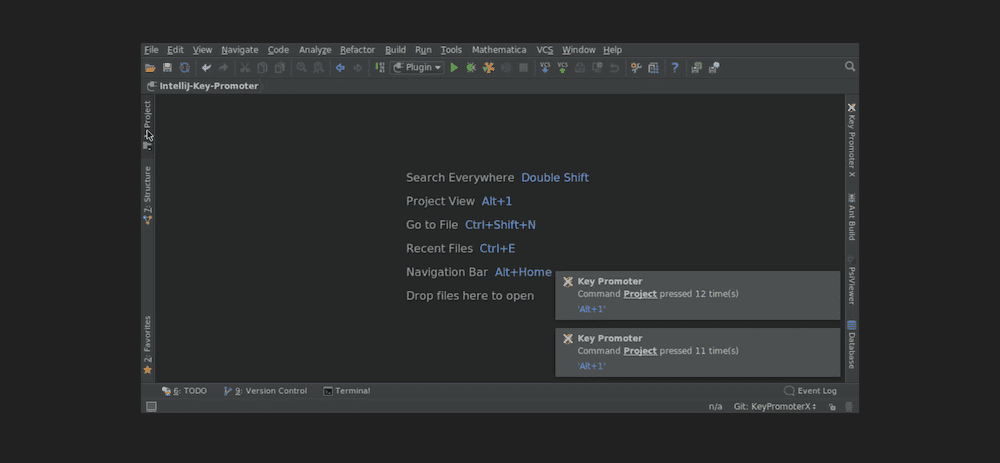 Dosyaları ve projeleri bulmak için ilgili kısayolların yanında bir dizi seçeneği gösteren bir PhpStorm arabirim penceresi. Sağ alt köşede şeklinde iki bildirim vardır.