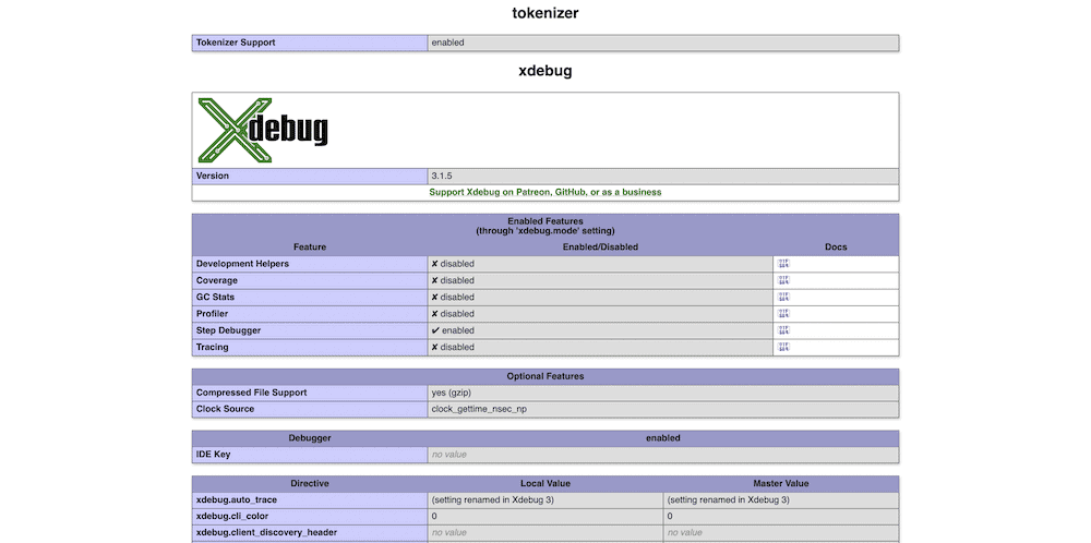 Tarayıcı içinde, Xdebug logosunu ve