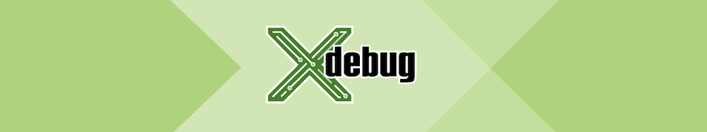 Yeşil bir 'X' ile tamamlanan Xdebug logosunu gösteren yeşil katmanlı bir arka plan.
