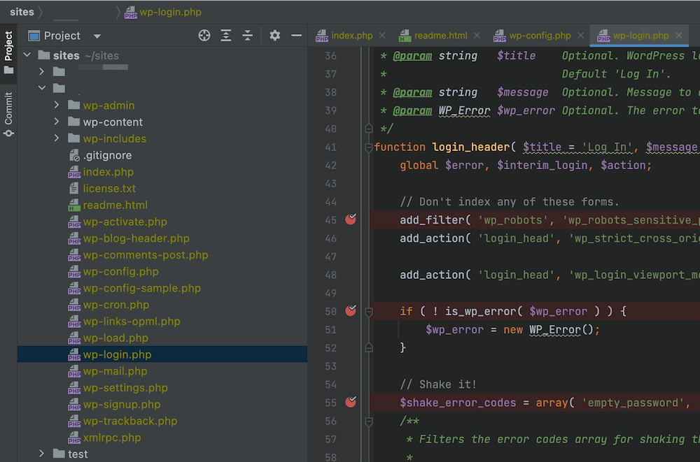 Solda bir ağaç dizini ve sağda kodlama panelini gösteren PhpStorm arayüzünün yakından görünümü. Editörün olukları içinde, 45, 50 ve 55. satırlarda beyaz işaretli kırmızı noktalar vardır. Bunlar hata ayıklama için kesme noktalarıdır.