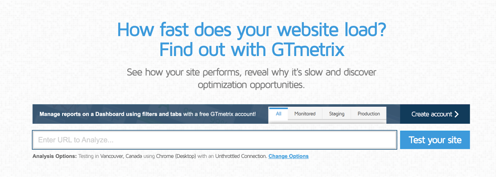 帶有 URL 欄的 GTMetrix 主頁