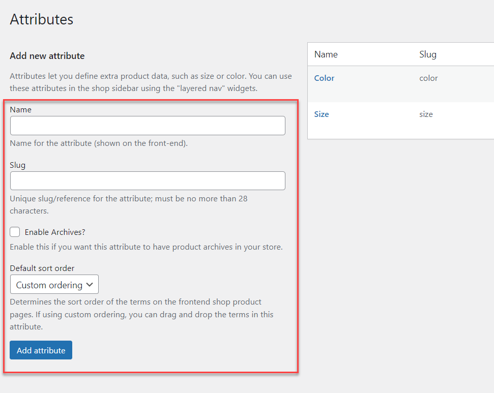 สร้างแอตทริบิวต์ - กรองผลิตภัณฑ์ woocommerce ตามแอตทริบิวต์