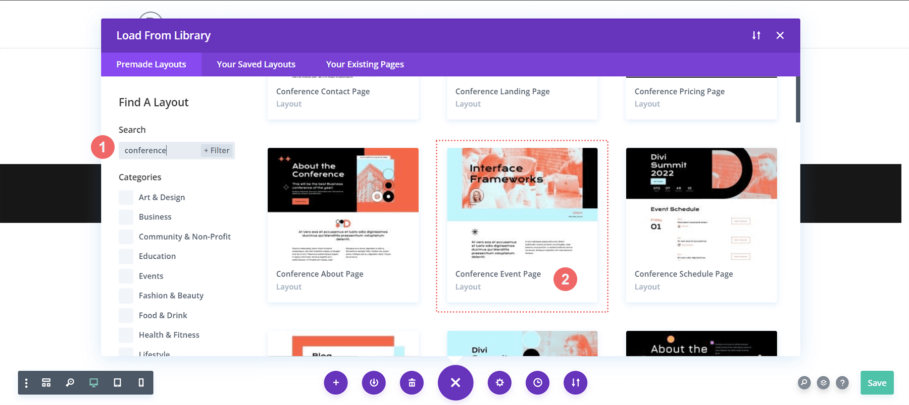 在 Divi 布局库中搜索 Divi Conference 活动页面布局