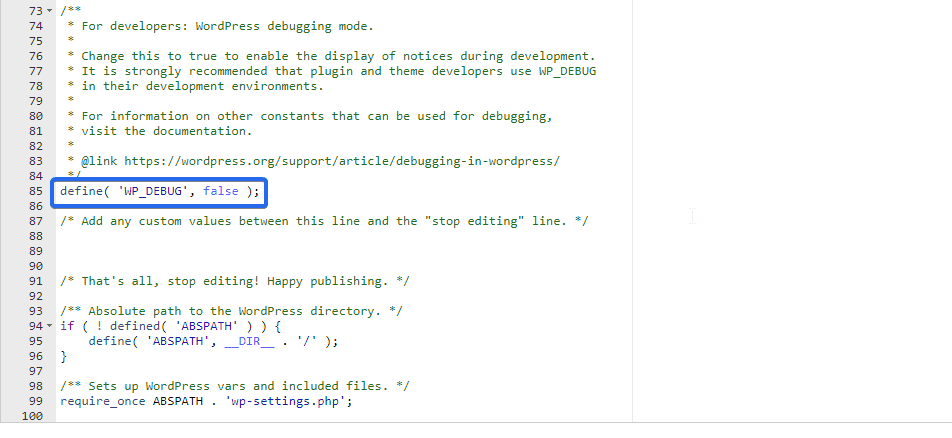 Znajdź ustawienia trybu debugowania wordpress