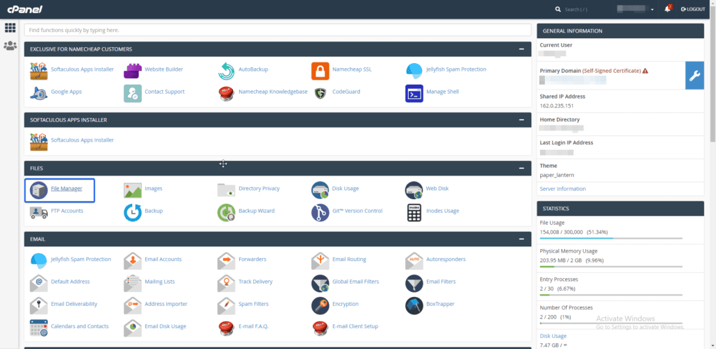 Sekcja Menedżera plików w cPanel