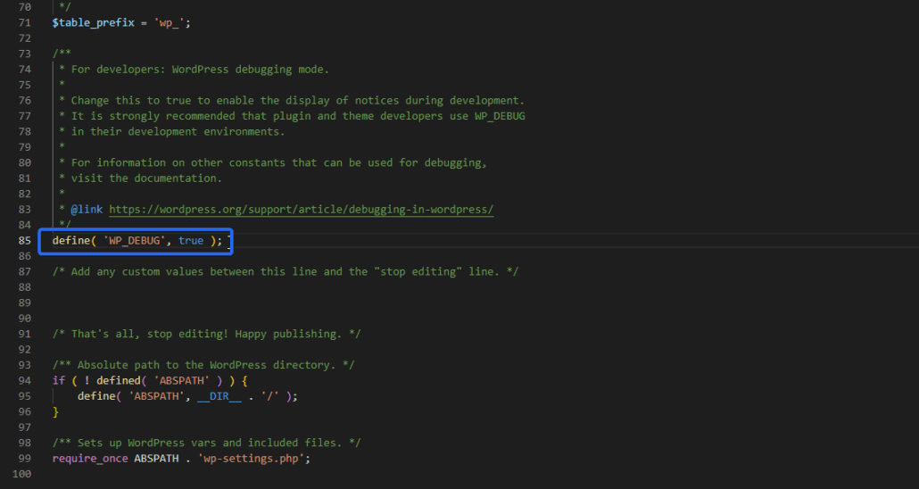 Włącz WP_DEBUG w edytorze