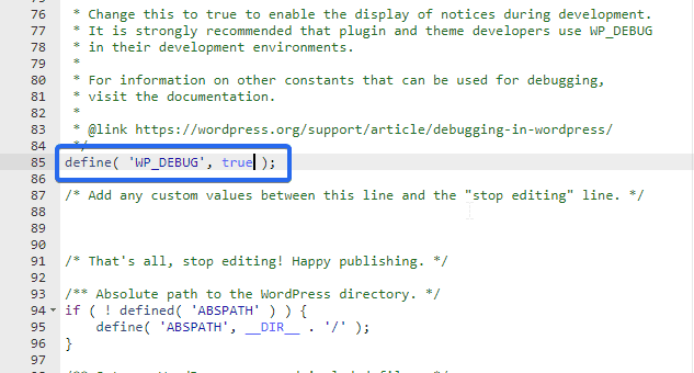 Zmień wartość trybu debugowania Wordpress na „prawda”