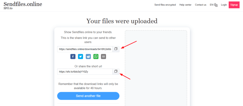Opciones para compartir con SendFiles