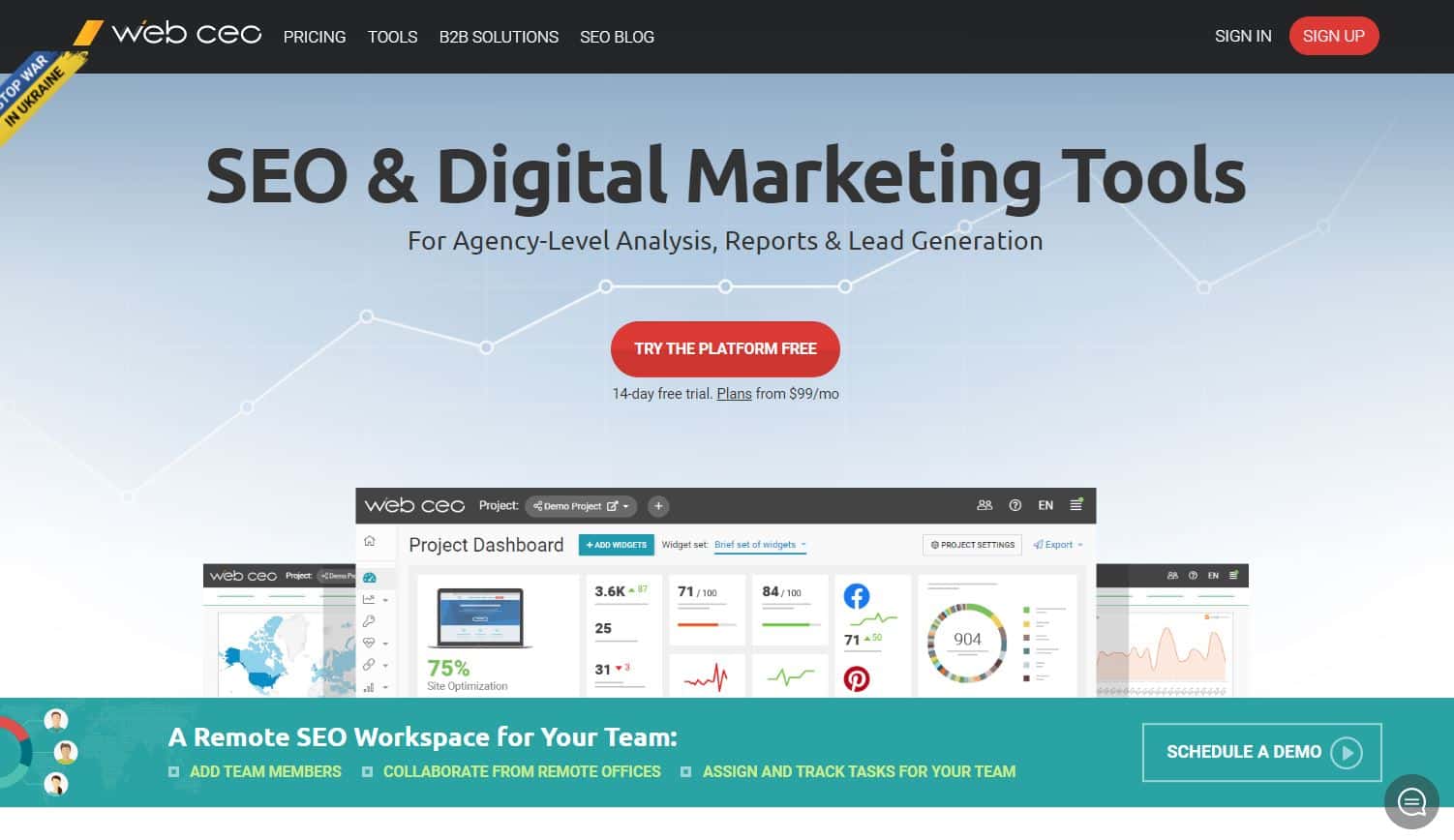 Strona główna WebCEO z nagłówkiem „SEO & Digital Marketing Tools”.
