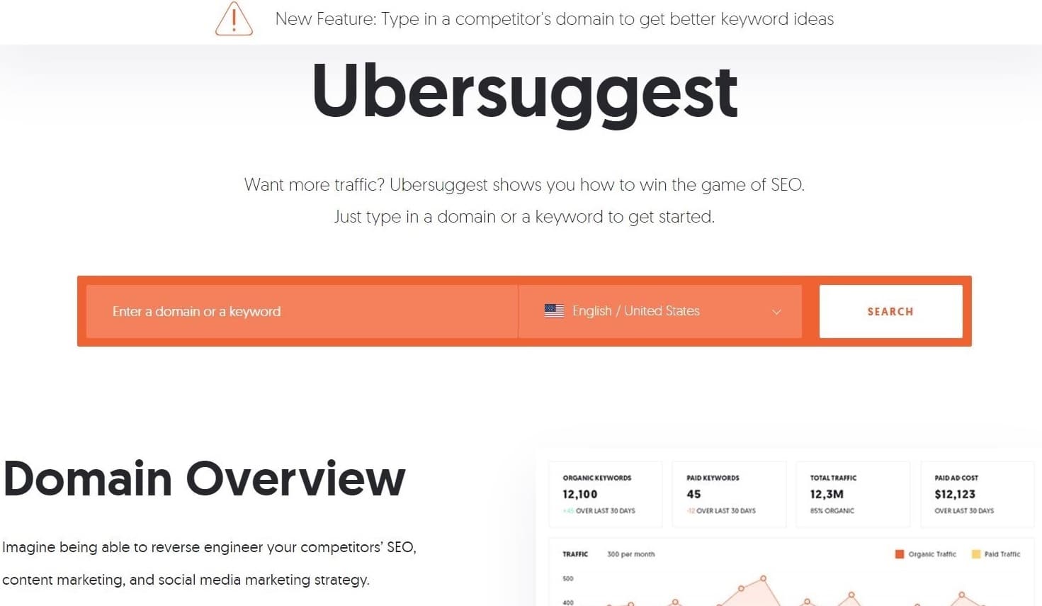 Strona główna Ubersuggest z dużym pomarańczowym paskiem wyszukiwania domen.