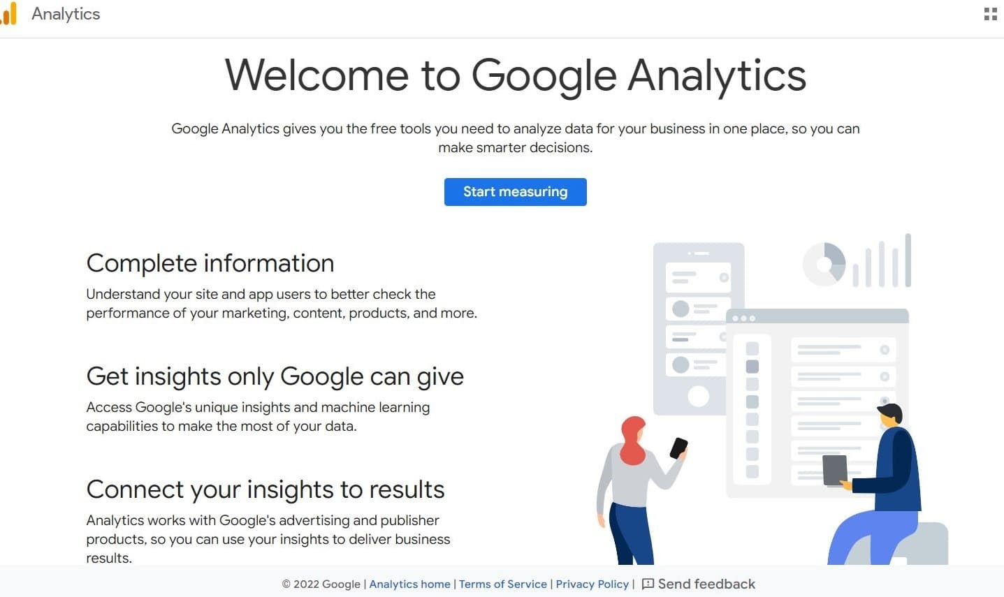Strona główna Google Analytics z kategoriami „Pełne informacje”, „Uzyskaj statystyki, które może dać tylko Google” i „Połącz swoje statystyki z wynikami”.