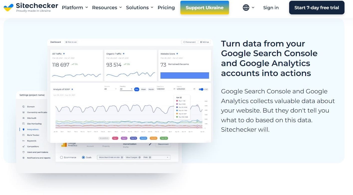 Strona główna Sitechecker z hasłem „Zmień dane z kont Google Search Console i Google Analytics w działania”.