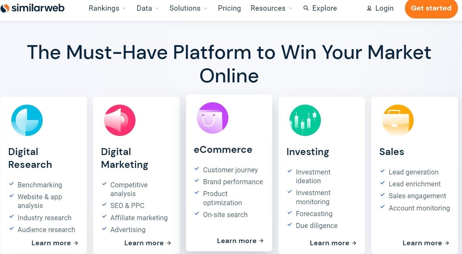 Strona domowa Similarweb z nagłówkiem „Niezbędna platforma do zdobycia rynku online”.