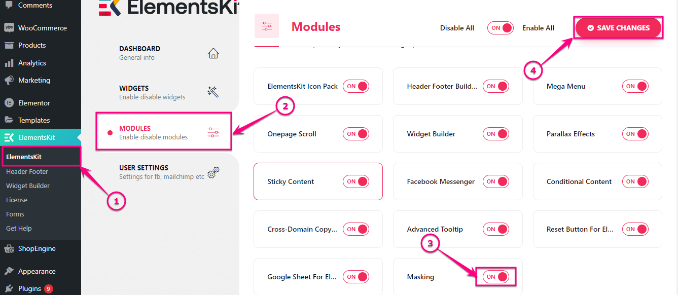 啟用 ElementsKit 的 Elementor 圖像遮罩模塊