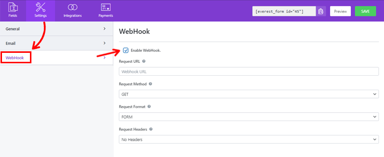 Configurações do WebHook
