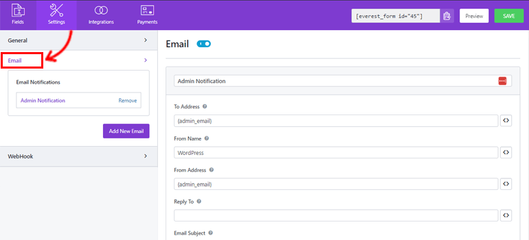Configurações de e-mail