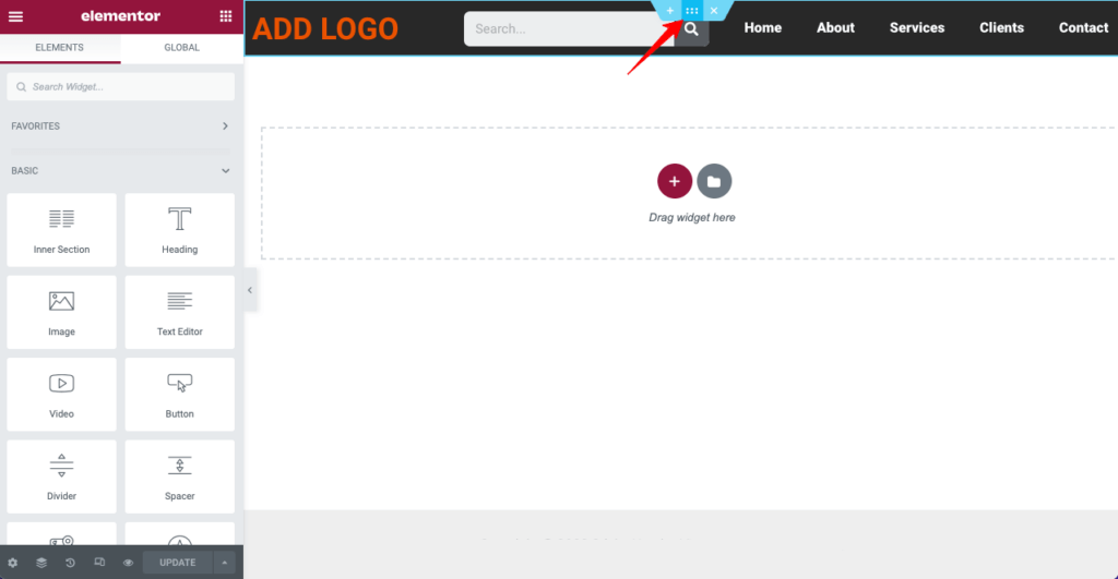 كيفية إنشاء رأس شفاف لزج للعنصر (دليل خطوة بخطوة) 6 Select the Elementor Header Section