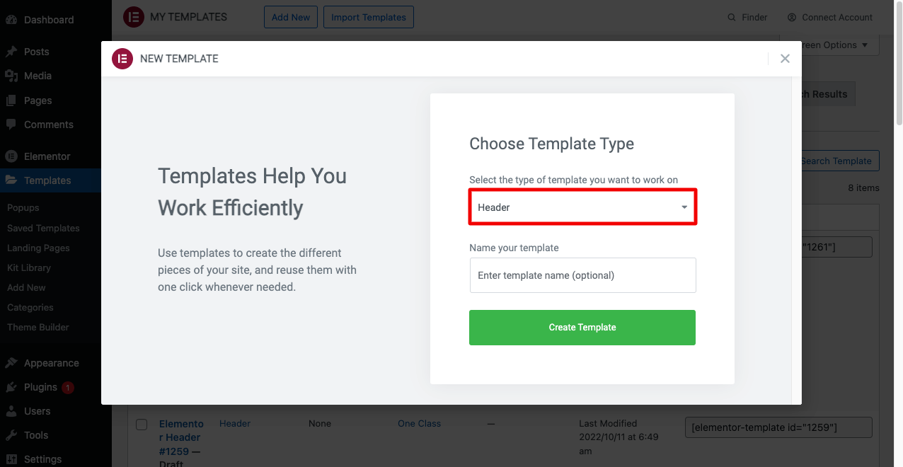 كيفية إنشاء رأس شفاف لزج للعنصر (دليل خطوة بخطوة) 3 Select the Header Template from the Elementor Library