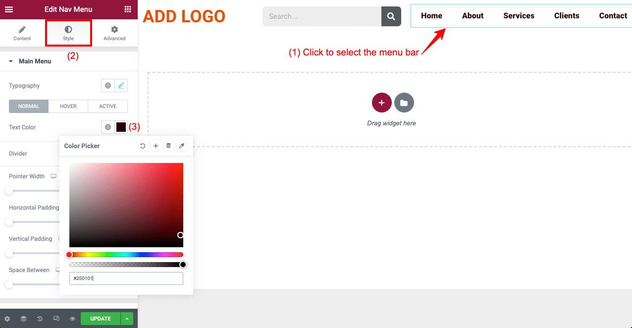 كيفية إنشاء رأس شفاف لزج للعنصر (دليل خطوة بخطوة) 8 Change the Color of Elementor Menu Bar