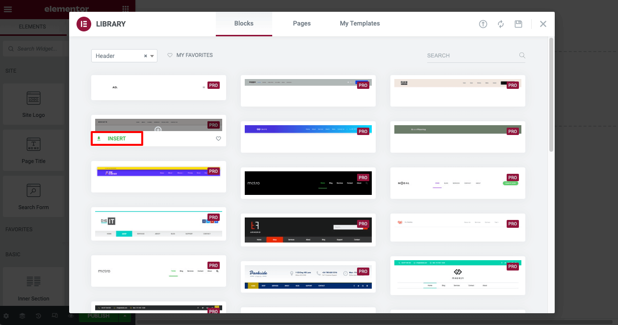 كيفية إنشاء رأس شفاف لزج للعنصر (دليل خطوة بخطوة) 4 Insert a header template from the Elementor Library