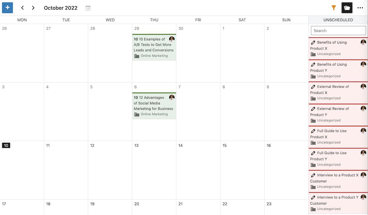 Dans le calendrier éditorial, notez les sujets sur lesquels écrire sous forme de publications sans date prévue.