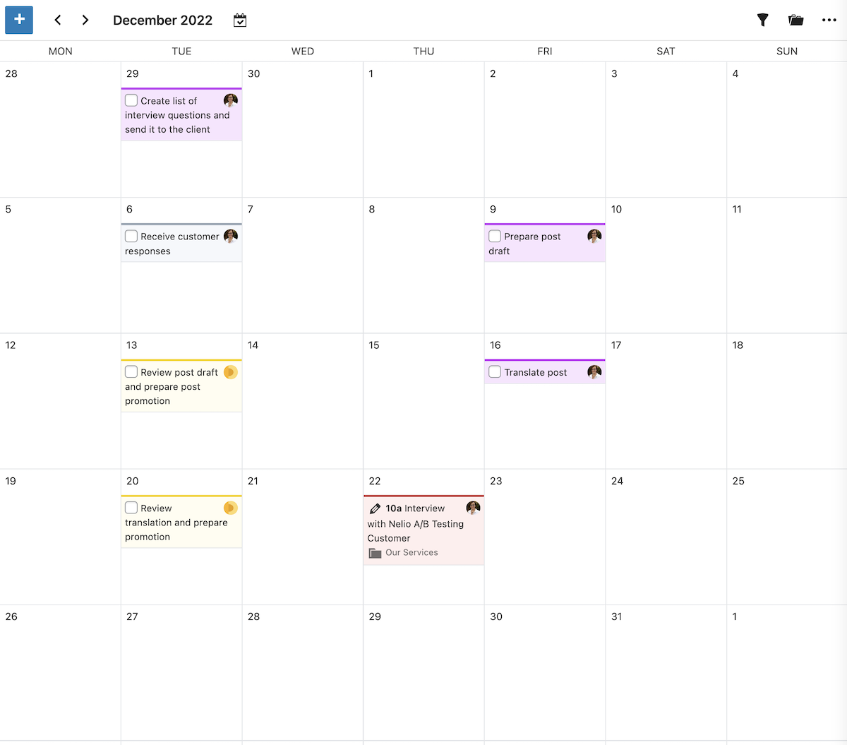 Calendrier éditorial montrant un article et l'ensemble des tâches à effectuer avant la publication de l'article