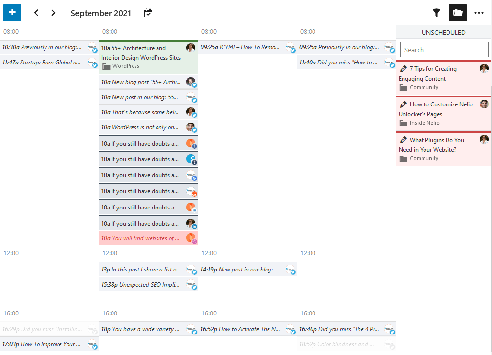 Capture d'écran de la vue agenda dans le calendrier éditorial de Nelio Content