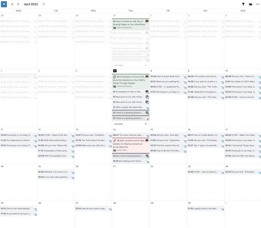 Capture d'écran du calendrier éditorial de Nelio Content