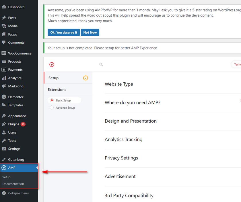 AMP pour les paramètres du plug-in WP
