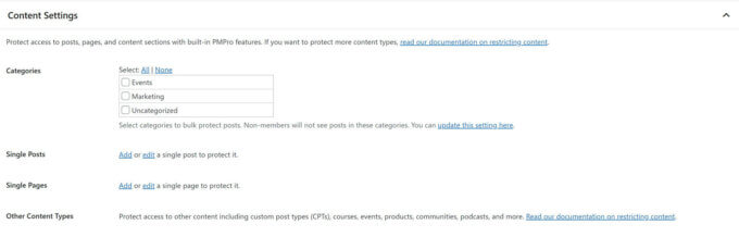 Configuración de contenido de Membresías pagadas Pro