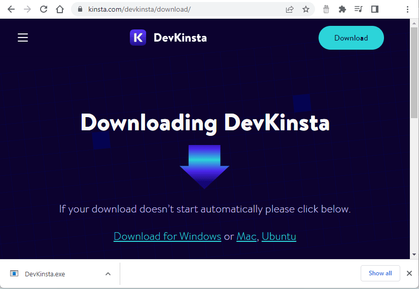 Tangkapan layar halaman unduhan DevKinsta.