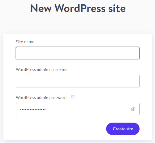 Layar pembuatan situs WordPress baru DevKinsta.