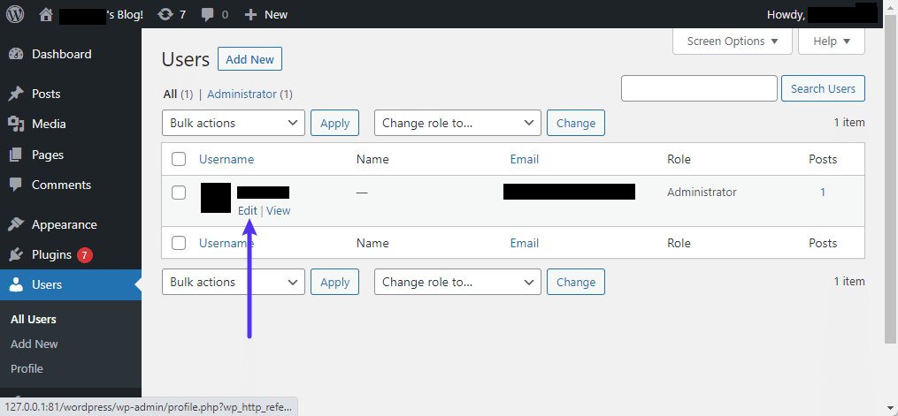 Klik tombol "Edit" di bawah pengguna WordPress Anda di bawah menu Pengguna.