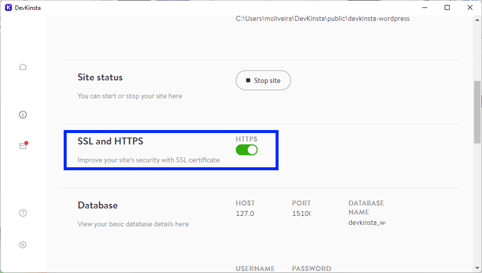 Mengaktifkan opsi SSL dan HTTPS DevKinsta.