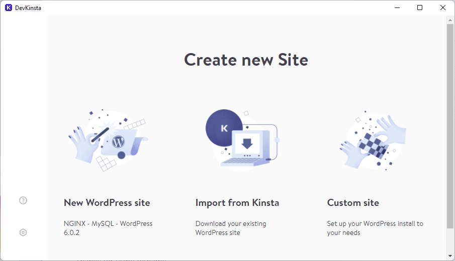DevKinsta membuat layar situs WordPress baru.