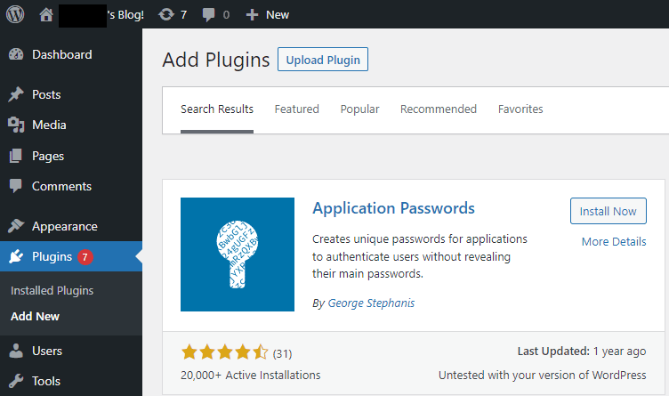Menginstal dan mengaktifkan plugin Kata Sandi Aplikasi WordPress.