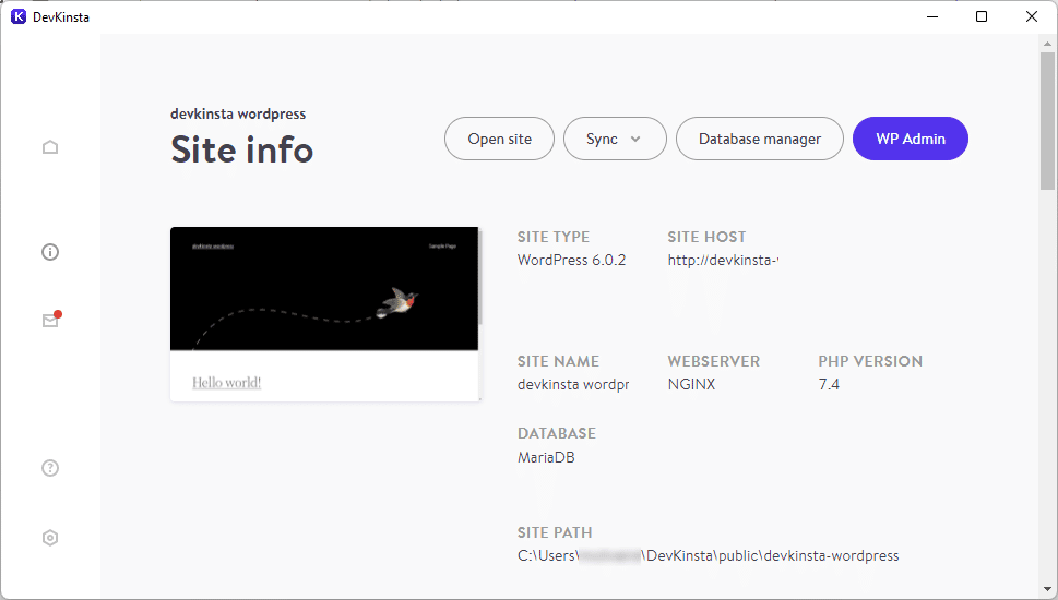 Layar info situs WordPress DevKinsta.