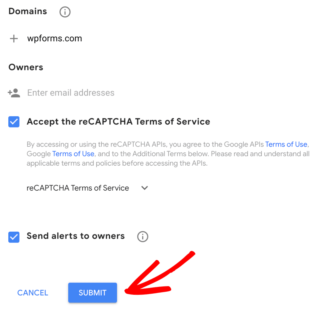 reCAPTCHA configuration and submit button