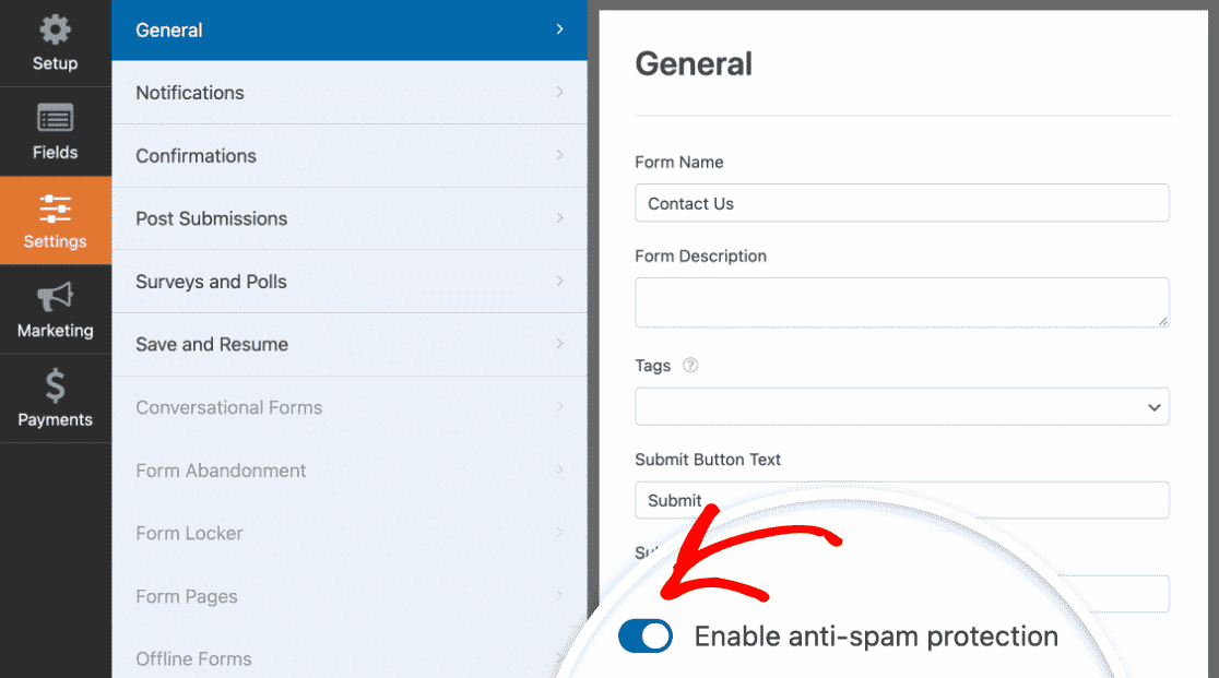 Enabling the anti-spam protection setting in WPForms