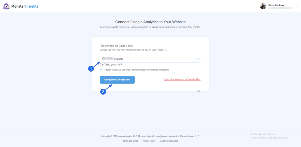 Seleccionar propiedad de la cuenta de Google