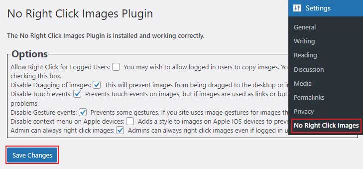 Configuración de ajustes en el complemento de imágenes sin clic derecho