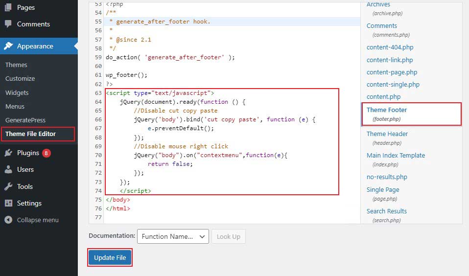 Escribir Deshabilitar Haga clic con el botón derecho en el código jQuery en el archivo de pie de página del editor de temas de WordPress