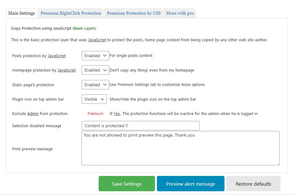 Configuración del complemento de protección de copia de contenido de WP