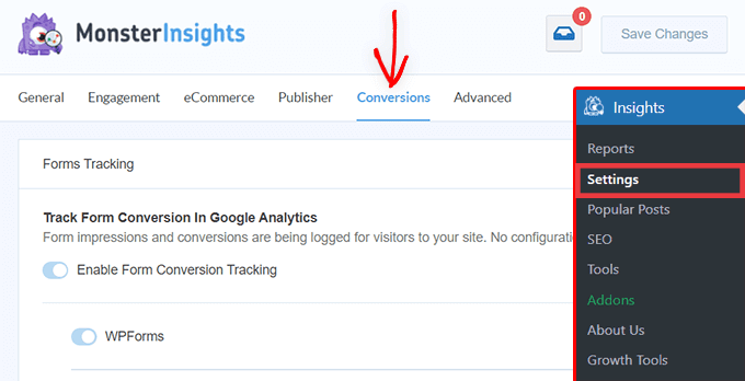 Agregar una nueva dimensión personalizada MonsterInsights settings - conversions tab