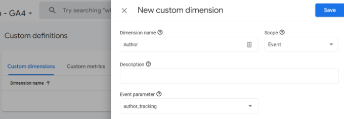 Ingrese los detalles de la dimensión en ga4