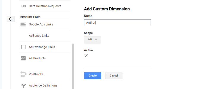 Crear dimensión personalizada de autor Add author to dimension name