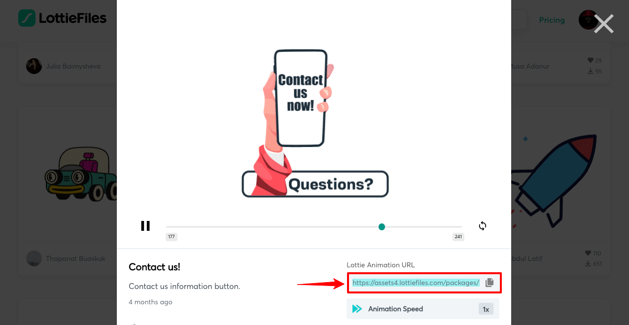 Elementor に Lottie アニメーションを追加する方法 (3 つの簡単な方法) 8 Copy Lottie Animation URL from LottieFiles.com